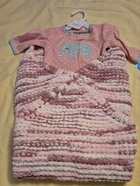 Carter's Pink Polka Dot Footed Sleepsuit with Gray Elephant- Baby Blanklet